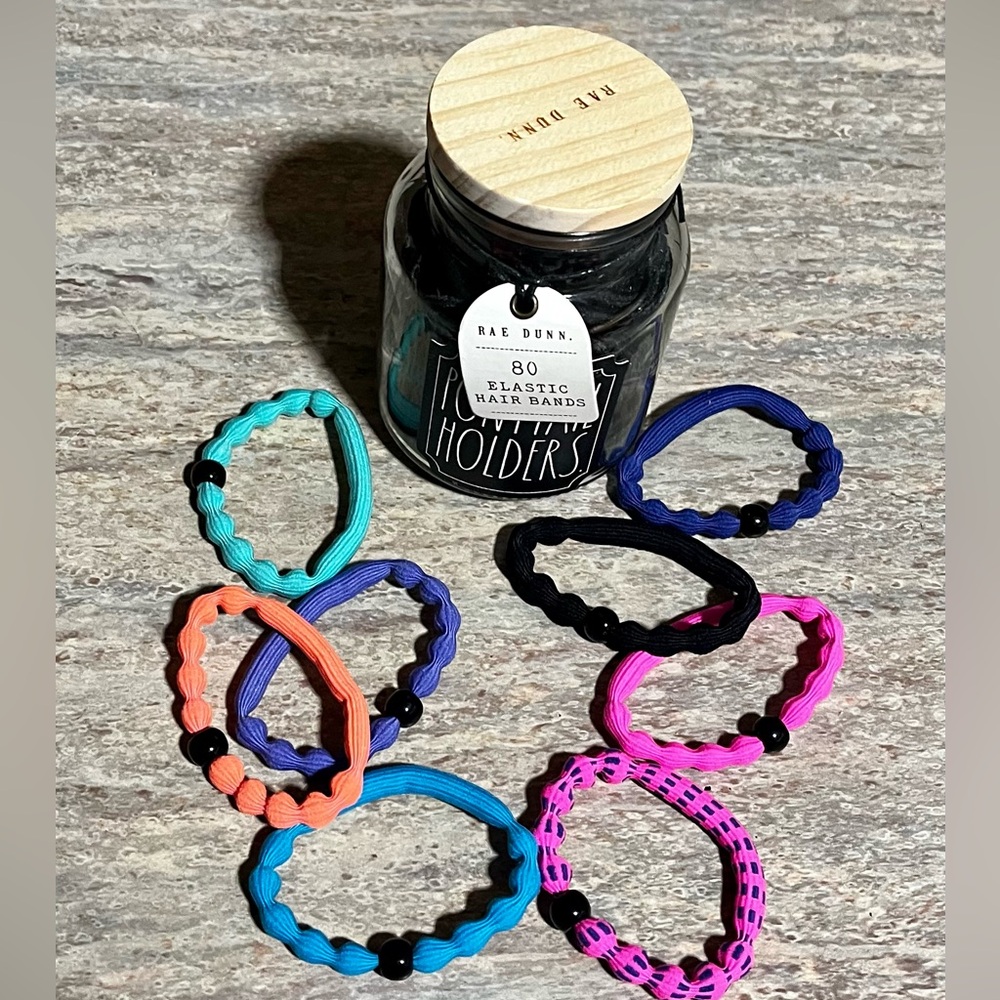New Rae Dunn ponytails holder in a glass jar with extra hair bands